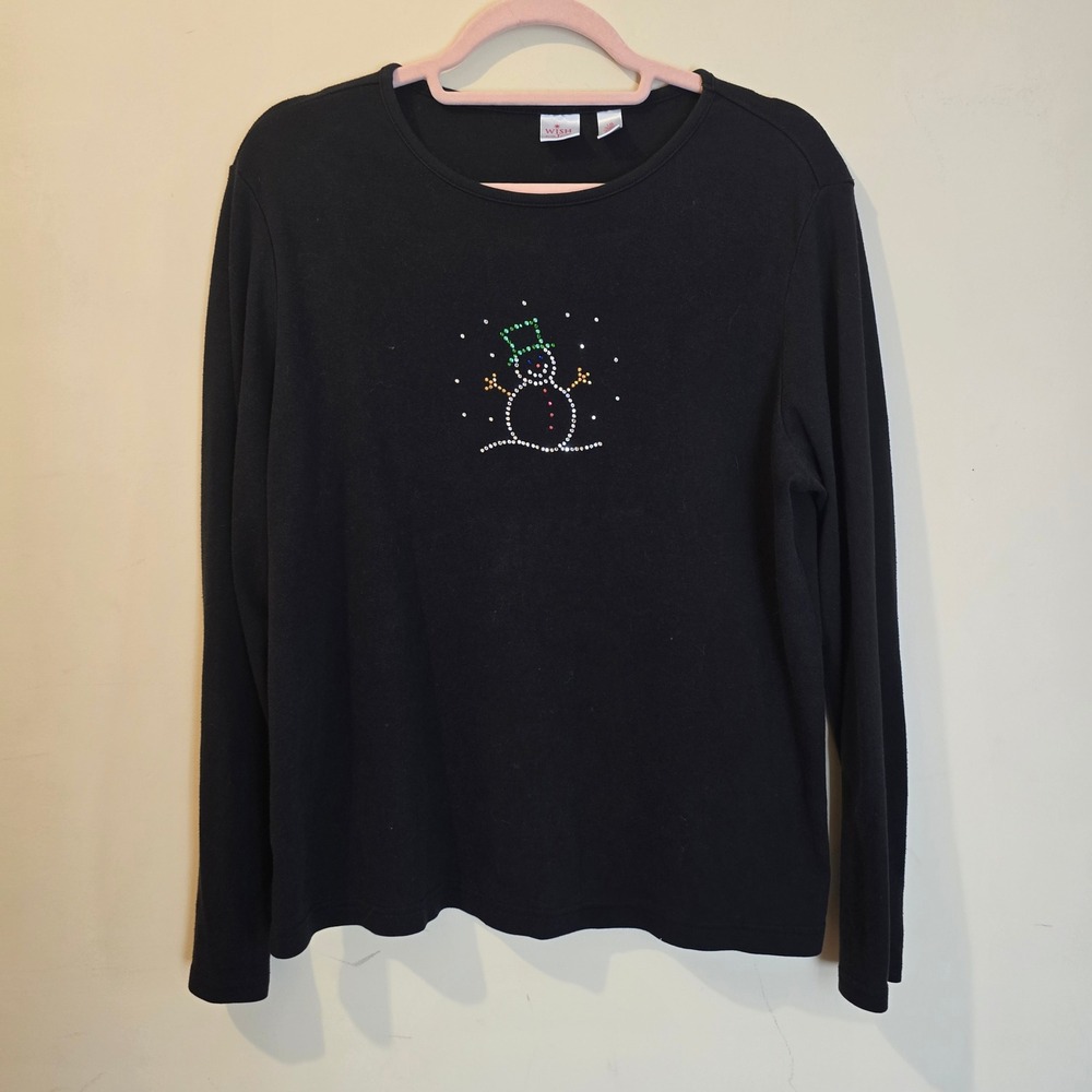 Wish For Joy Snowman Top Women Large Black Rhinestone Holiday Christmas Shirt